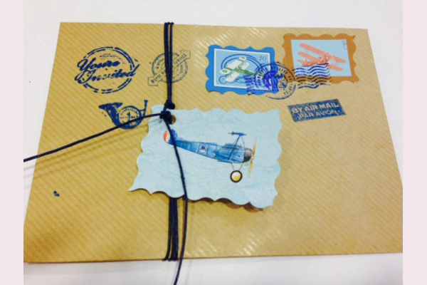 card postal με θέμα αεροπλάνο προσκλητήριο και μπομπονιέρες