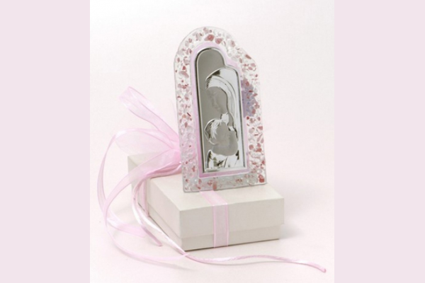 μπομπονιέρα εικόνα Παναγίας διακοσμητική από γυαλί με ροζ ή γαλάζιο