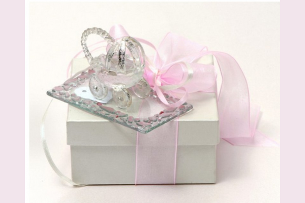 μπομπονιέρα βάπτισης με ρόζ γυάλινο καροτσάκι διακοσμητικό καλή ποιότητα πολυτελείας κουτί
